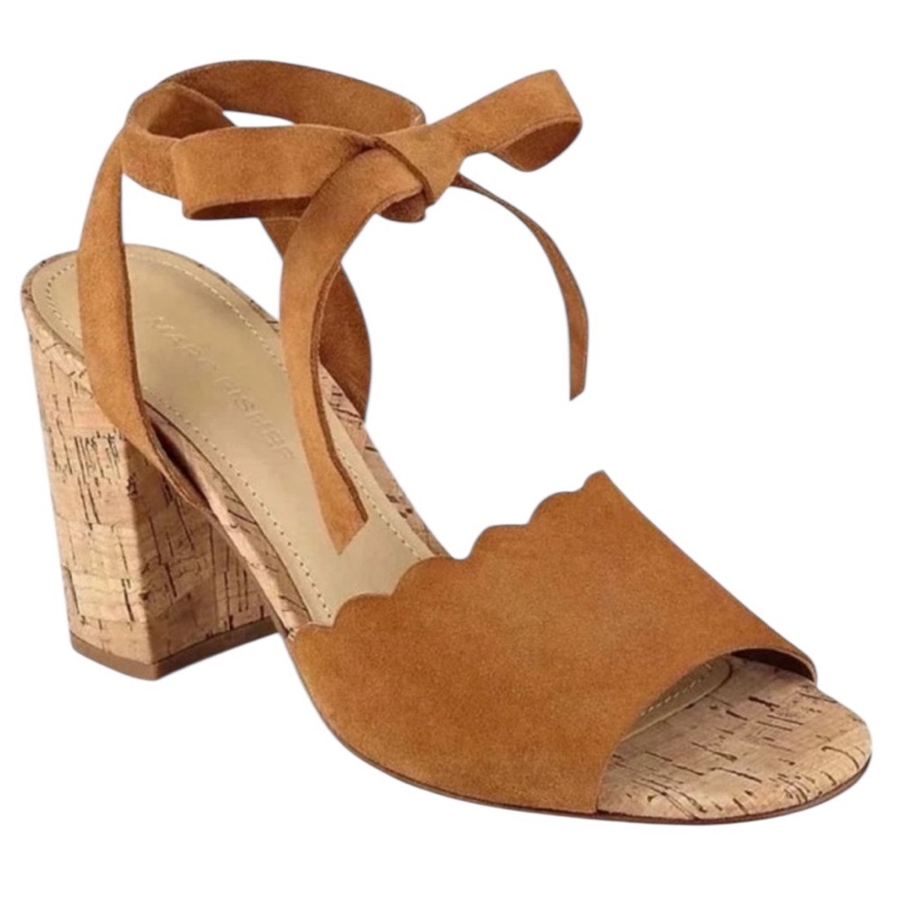 Marc Fisher Piya Suede Ankle Wrap Tie Up Cork Block Heel Sandal Caramel Size 9